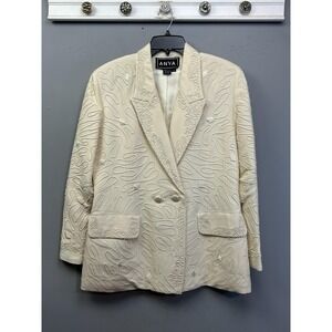 ANYA Blazer Womens 12 White Silk Satin Lined Embroidered‎ Button Pockets